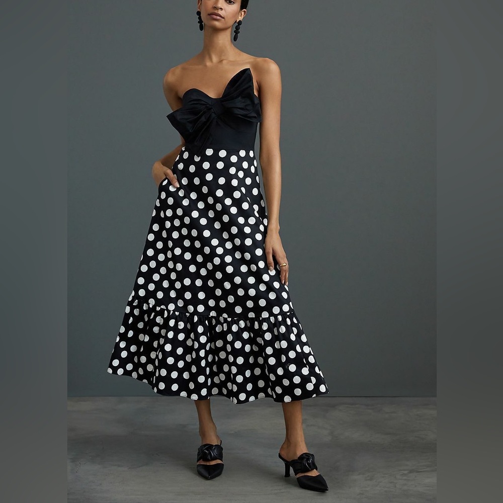 Anthropologie Black and White Polka Dot Strapless Midi Dress - Picture 1 of 6